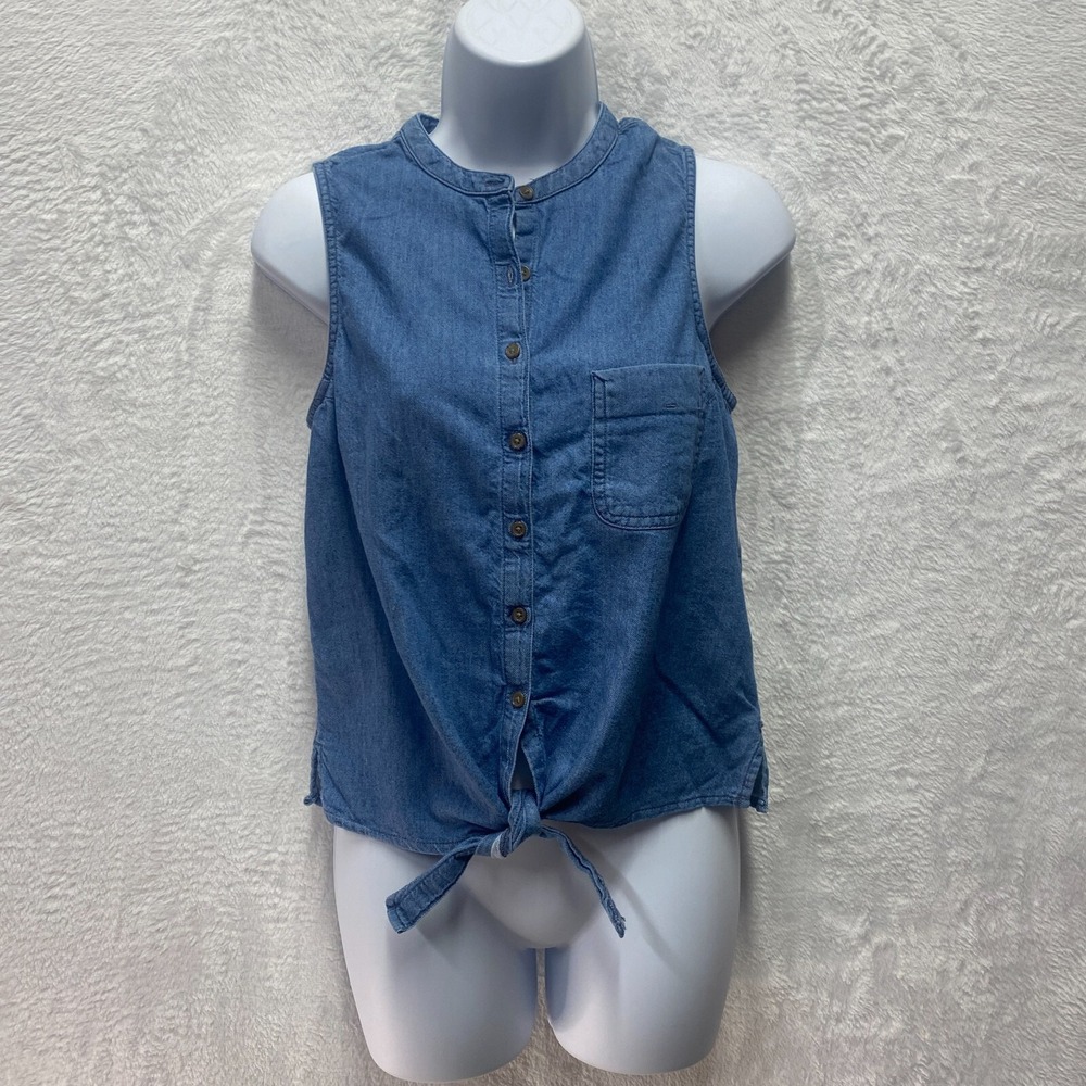 Prana Sunrise Peak Top Womens XS Blue Chambray Cotton Denim Tie Front Sleeveless